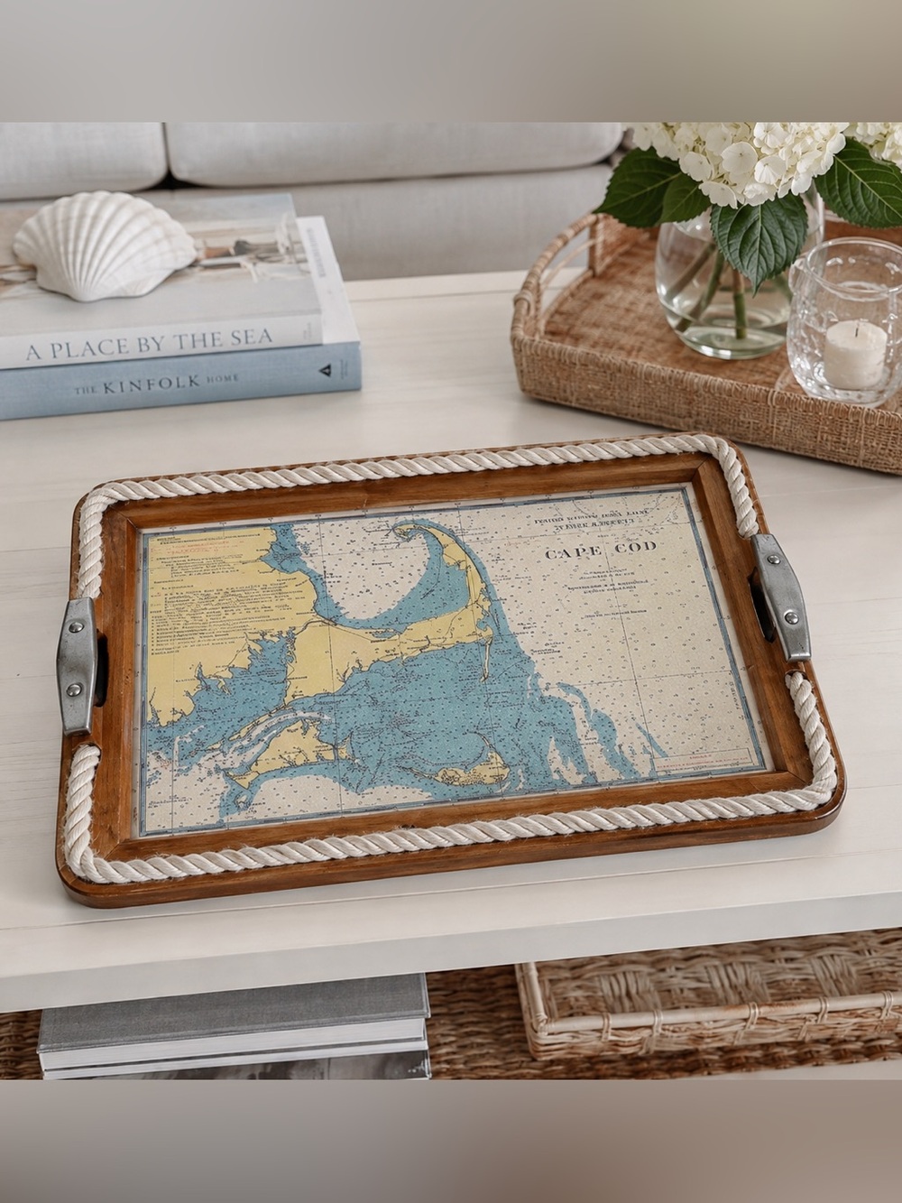 Cape Cod Map Nautical Wooden Tray with Cleat Handles
